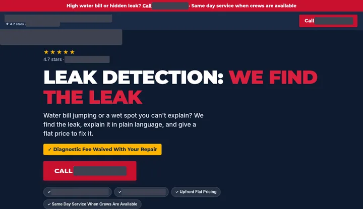 A leak detection landing page on desktop: a headline that matches the search, one offer and a call button, with the business name, phone and license boxed out