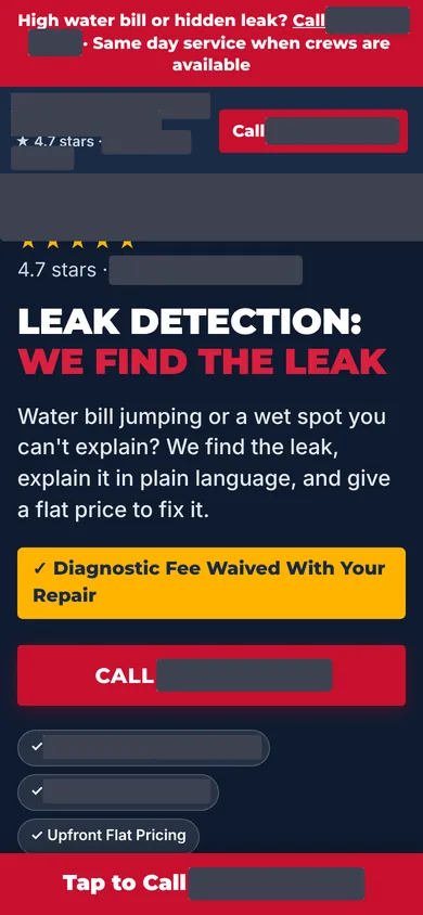 The same landing page on a phone, with a tap to call bar fixed at the bottom of the screen, business details boxed out