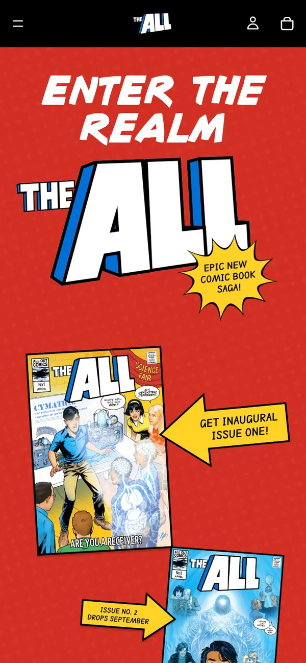 The alloutcomics.com homepage on a phone: Enter the realm, two covers and an arrow that says Issue No. 2 drops September