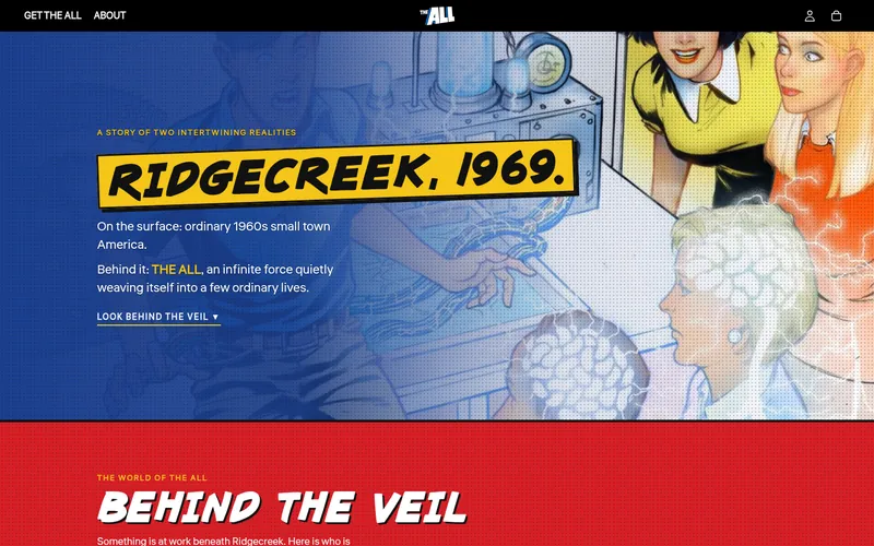 The new THE ALL homepage on a laptop screen: Ridgecreek, 1969, over the Issue 1 cover art