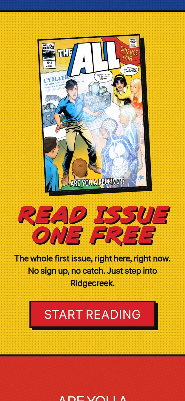 The new homepage on a phone: Read Issue One Free, no sign up, no catch, with a Start Reading button