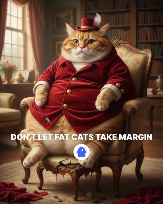 A fat cat in a red velvet coat and top hat in an armchair, Go STR ad: Don&rsquo;t let fat cats take margin