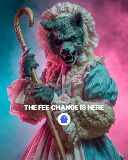 A wolf dressed as Grandma with a bonnet and cane, Go STR ad: The fee change is here