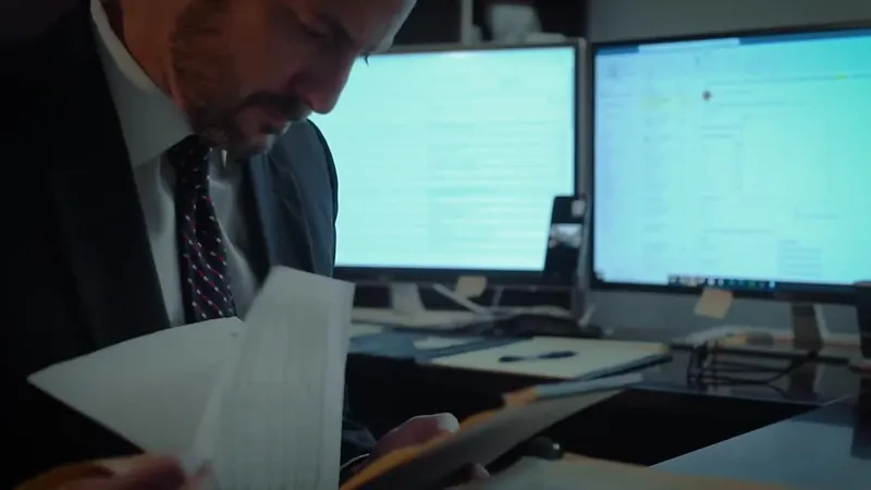 An attorney reading papers at his desk, a still from the brand film