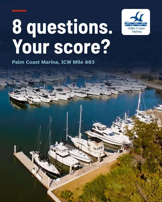 Meta ad: 8 questions. Your score? Over an aerial photo of the marina docks