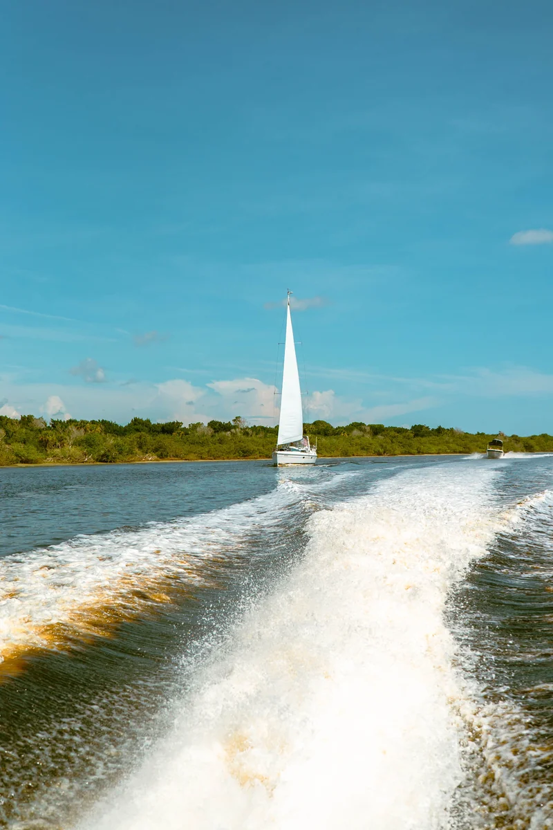 A churning white boat wake leading to a single white sail under a deep blue sky