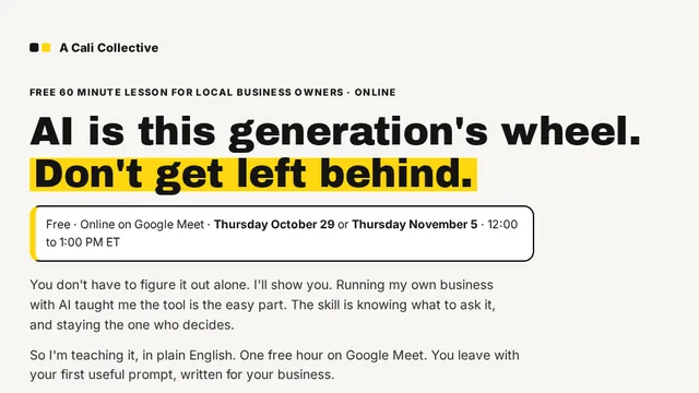 The Build It With AI page above the fold: AI is this generation&rsquo;s wheel. Don&rsquo;t get left behind.