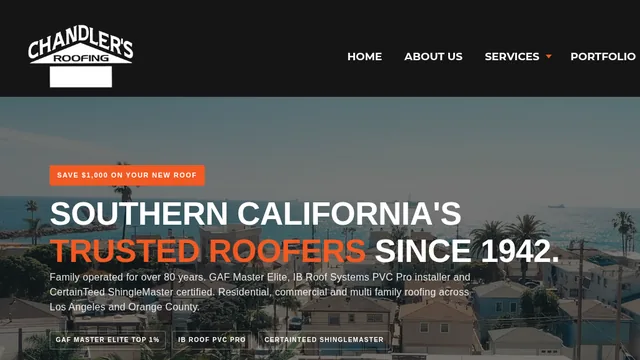 After: the new Chandler&rsquo;s Roofing homepage above the fold, Southern California&rsquo;s trusted roofers since 1942