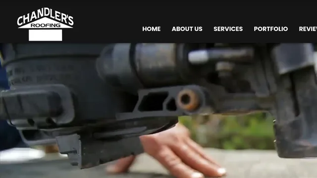 Before: the old Chandler&rsquo;s Roofing homepage above the fold, a close up of a roofing nailer on shingles