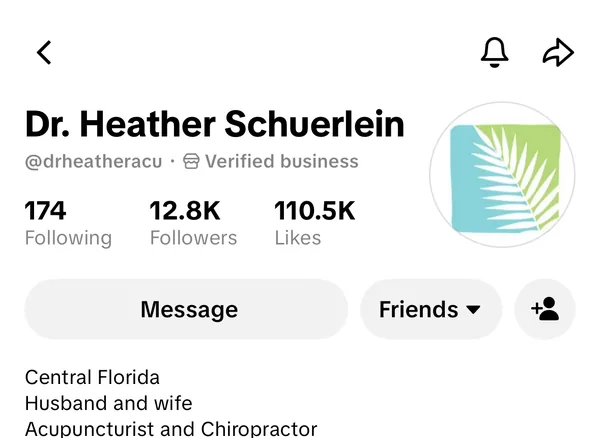 TikTok profile screenshot for Dr. Heather Schuerlein, @drheatheracu: 174 following, 12.8K followers, 110.5K likes