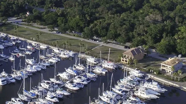 Aerial view of the marina docks, with boats in their slips along the water